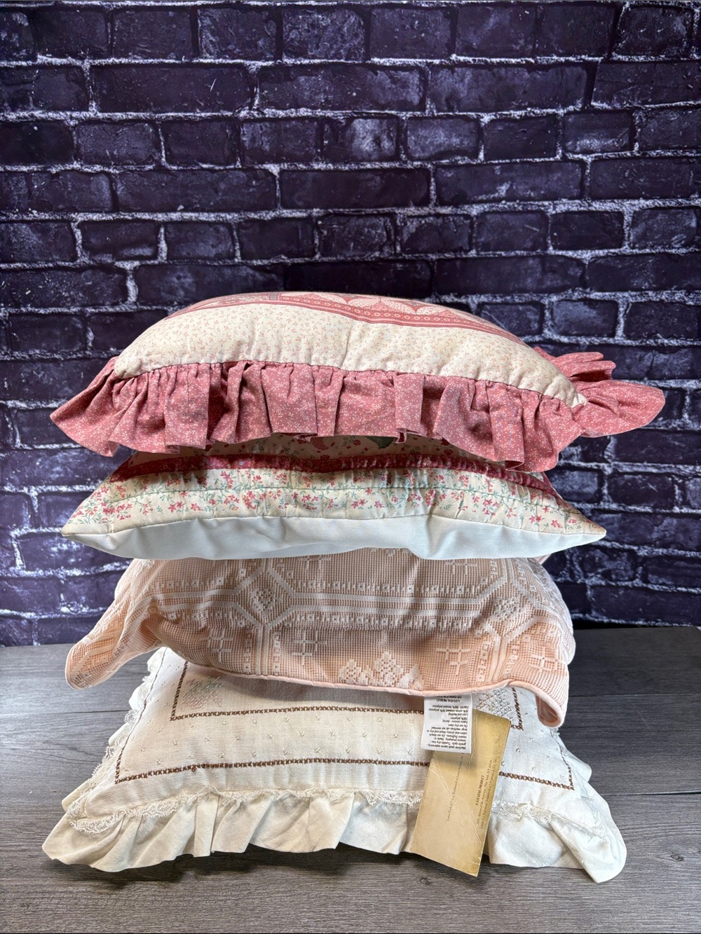 Vintage Needlepoint and Quilted Ruffled Floral Couch Pillows Four